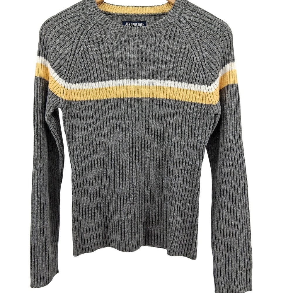 Aeropostale Y2K Gray Ribbed Knit Striped Sweater Sz Large Butter‎ Yellow New